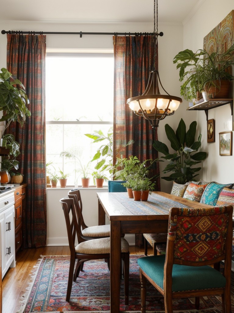 bohemian-dining-room-ideas-eclectic-mix-match-furniture-colorful-textiles-plants-free-spirited-relaxed-atmosphere