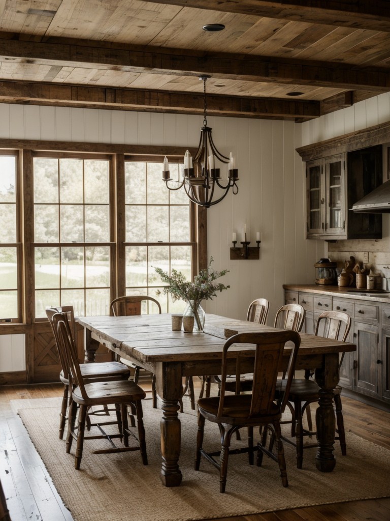 farmhouse-dining-room-design-suggestions-combining-rustic-charm-vintage-elements-like-distressed-wood-furniture-antique-finishes