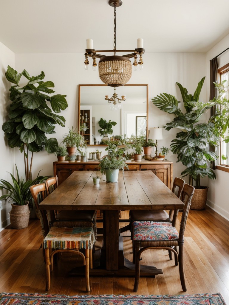 bohemian-inspired-dining-room-ideas-eclectic-furniture-lots-plants-colorful-textiles-relaxed-free-spirited-vibe