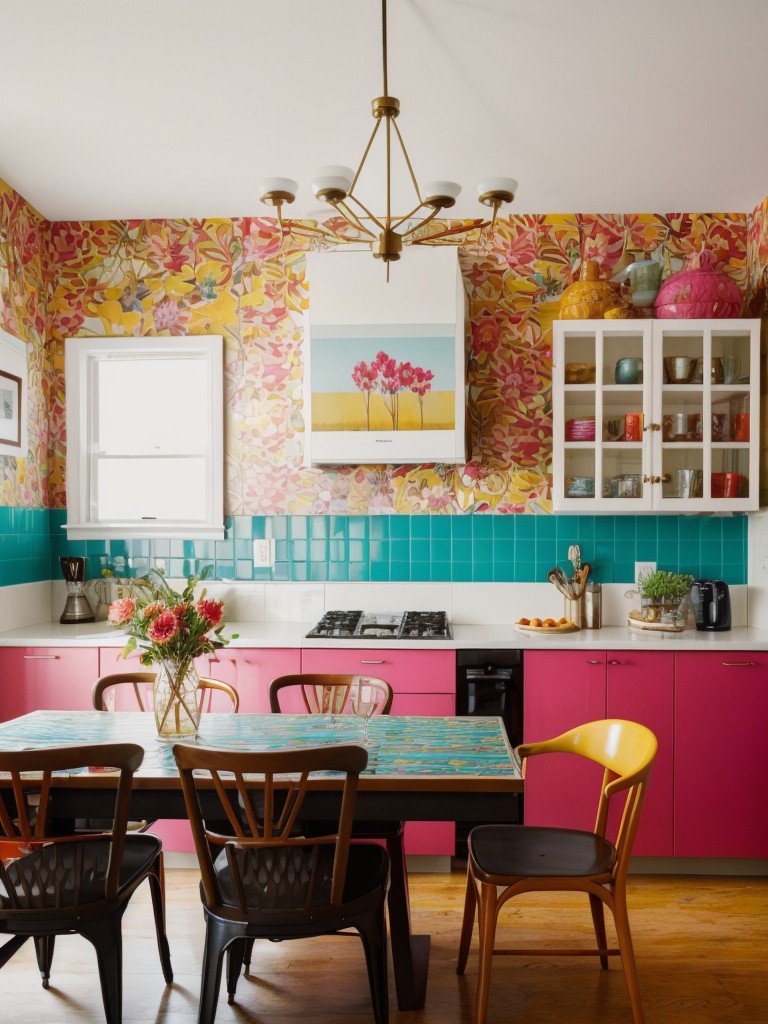 bold-eclectic-dining-room-ideas-bright-colors-patterned-wallpaper-mix-different-furniture-styles-vibrant-unique-look
