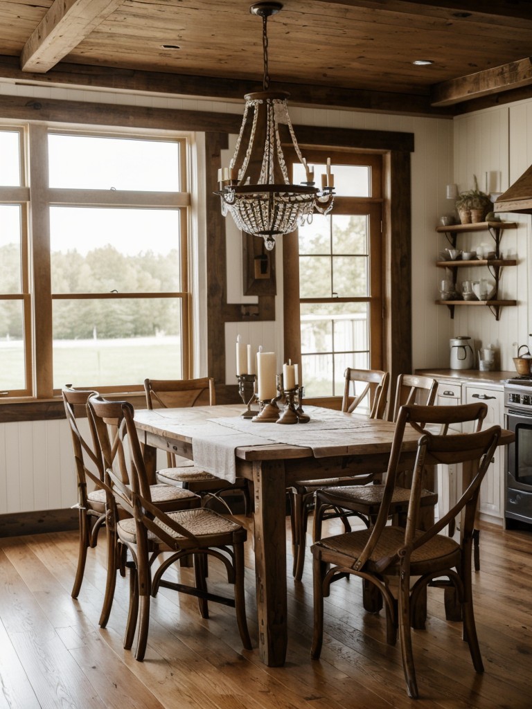 cozy-farmhouse-dining-room-inspiration-rustic-wooden-table-vintage-chairs-charming-chandelier-hanging-overhead