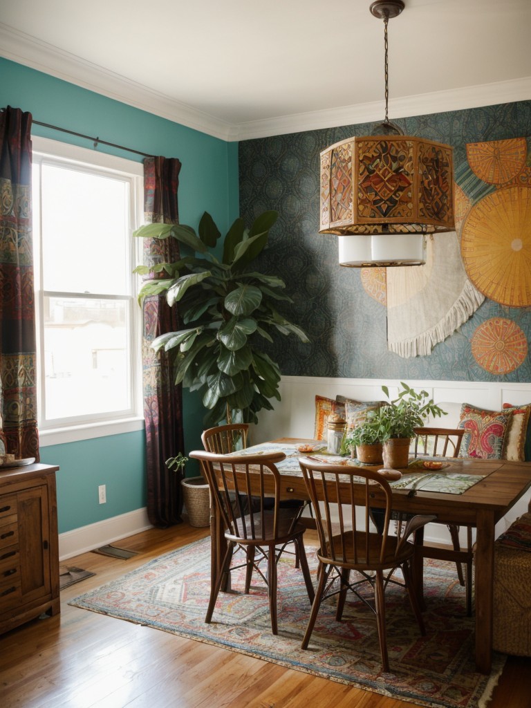 bohemian-dining-room-ideas-eclectic-mix-colors-patterns-textures-incorporating-global-inspired-decor-plants-laid-back-vibrant-space