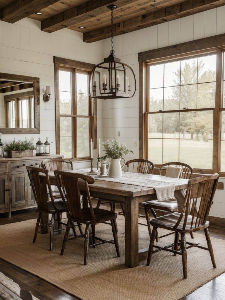 farmhouse-dining-room-ideas-featuring-rustic-vintage-elements-such-distressed-furniture-shiplap-walls-cozy-textiles-charming-cozy-space
