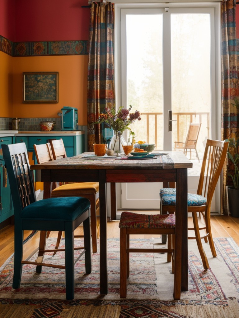 bohemian-dining-room-ideas-vibrant-colors-eclectic-furniture-mix-patterns-textures