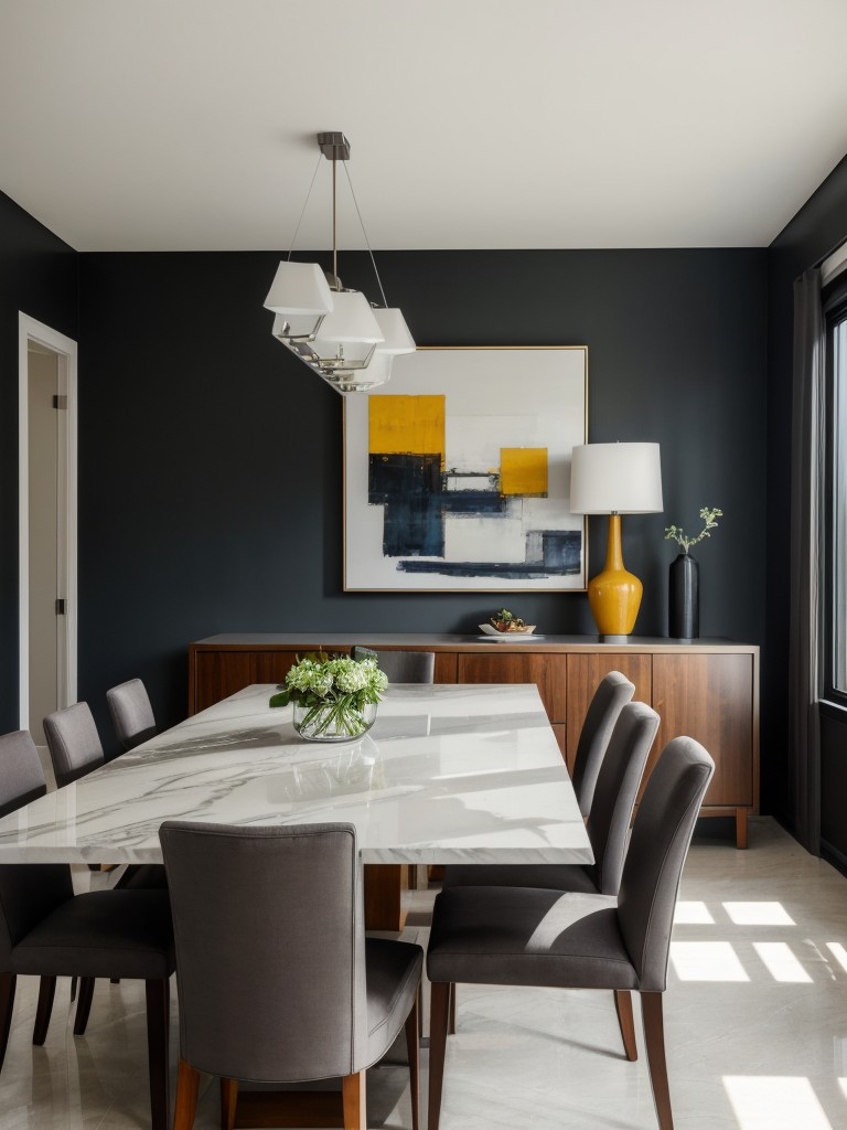 contemporary-dining-room-ideas-sleek-polished-surfaces-bold-color-palette-modern-artwork