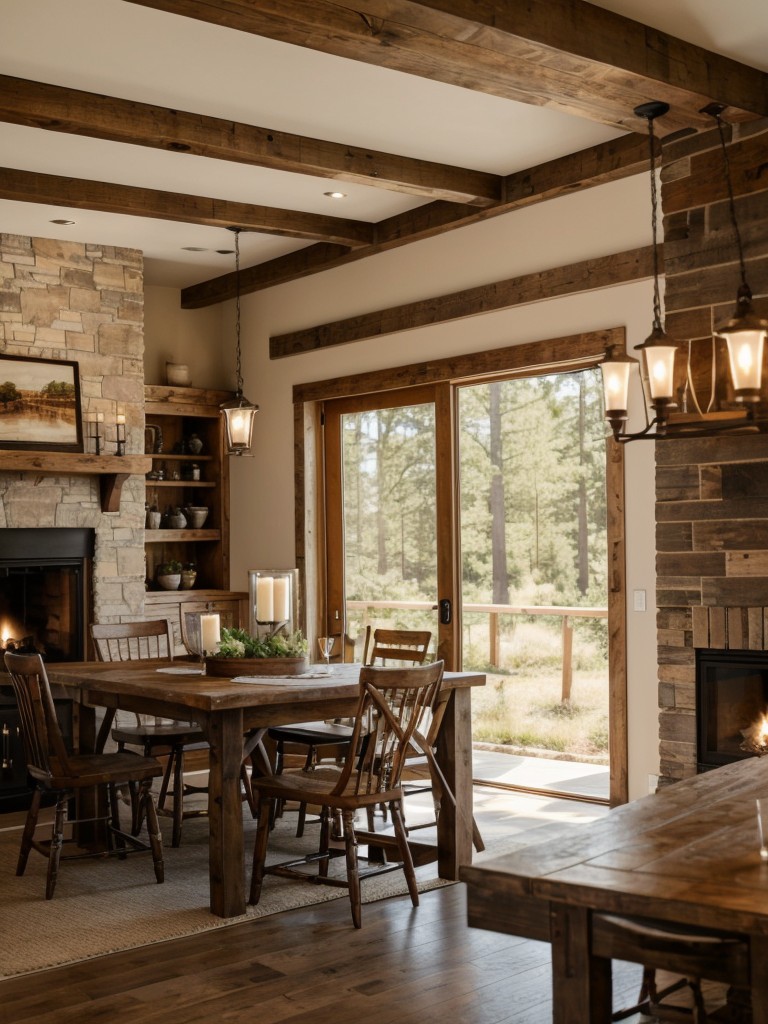 rustic-dining-room-ideas-exposed-wooden-beams-farmhouse-style-furniture-cozy-fireplace
