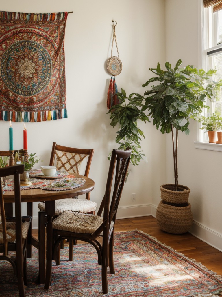 bohemian-dining-room-ideas-vibrant-eclectic-patterns-mix-textures-boho-inspired-accessories-like-hanging-plants-colorful-tapestries