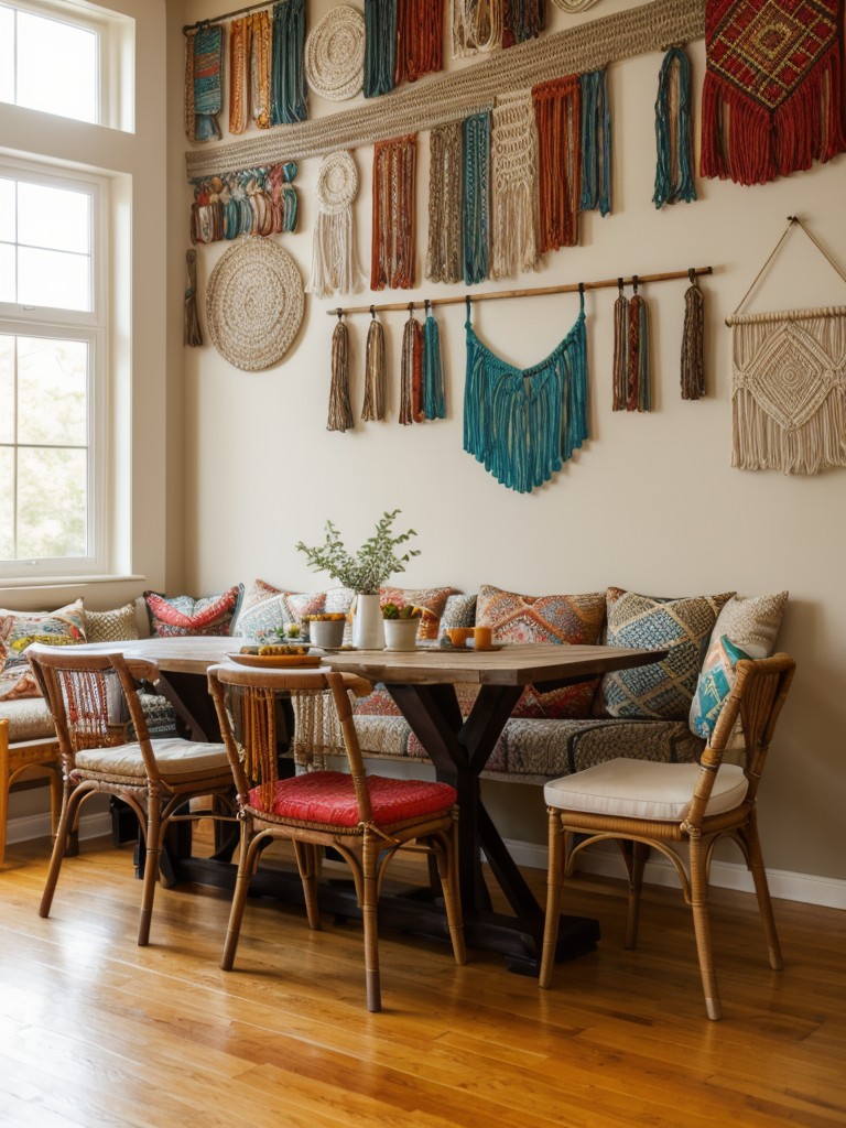 bohemian-dining-room-ideas-vibrant-colors-mixed-patterns-eclectic-decor-items-like-macrame-wall-hangings-floor-cushions
