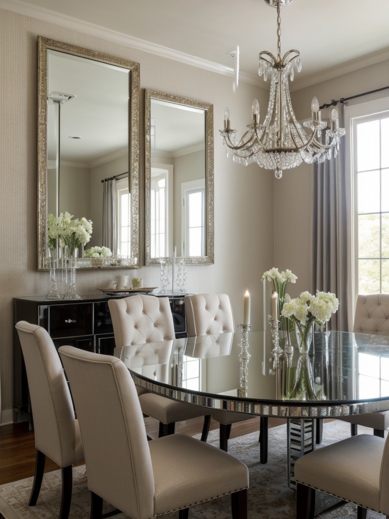 glamorous-dining-room-ideas-sparkling-chandeliers-mirrored-furniture-textured-wallpaper