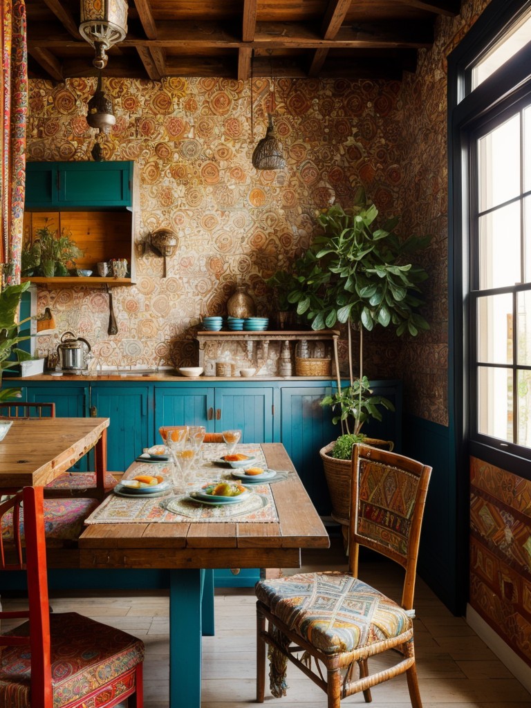 bohemian-chic-dining-room-ideas-vibrant-textiles-eclectic-furniture-eclectic-mix-patterns-textures
