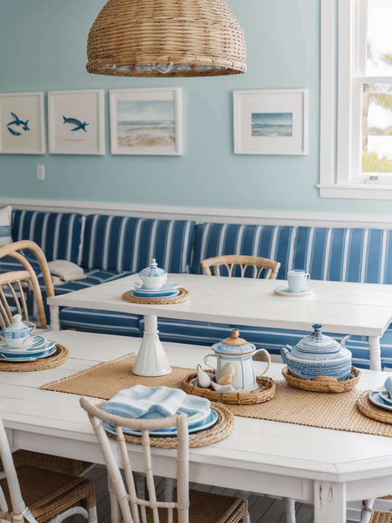 coastal-dining-room-ideas-nautical-accents-ocean-inspired-color-palette-beachy-vibes-using-seashell-decor-rattan-furniture-blue-white-striped-textiles