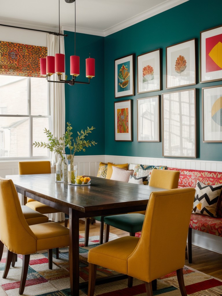 eclectic-dining-room-ideas-bold-patterns-mix-textures-vibrant-color-scheme-using-mismatched-chairs-gallery-wall-statement-lighting