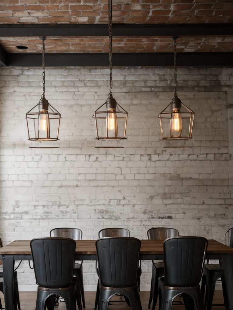 industrial-dining-room-ideas-exposed-brick-walls-metal-accents-raw-finishes-using-pendant-lights-metal-chairs-distressed-furniture