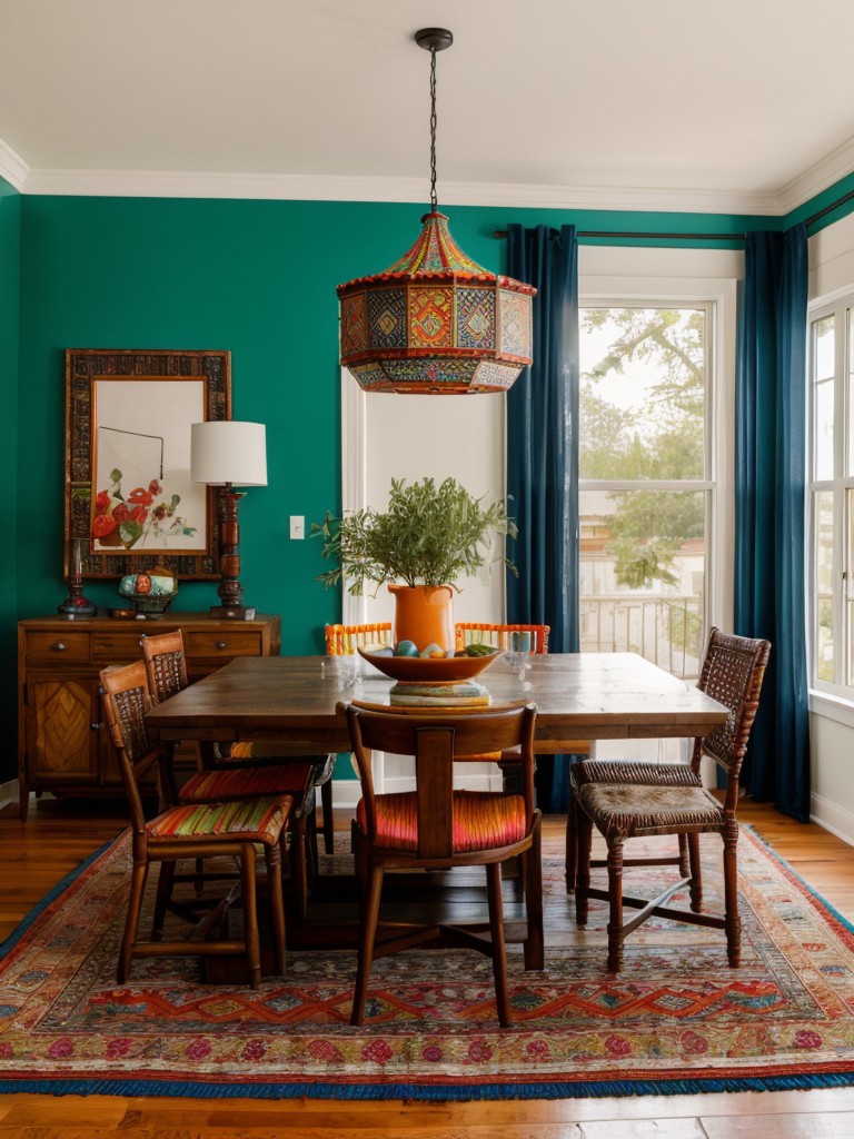bohemian-dining-room-ideas-vibrant-colors-eclectic-furniture-colorful-moroccan-rugs
