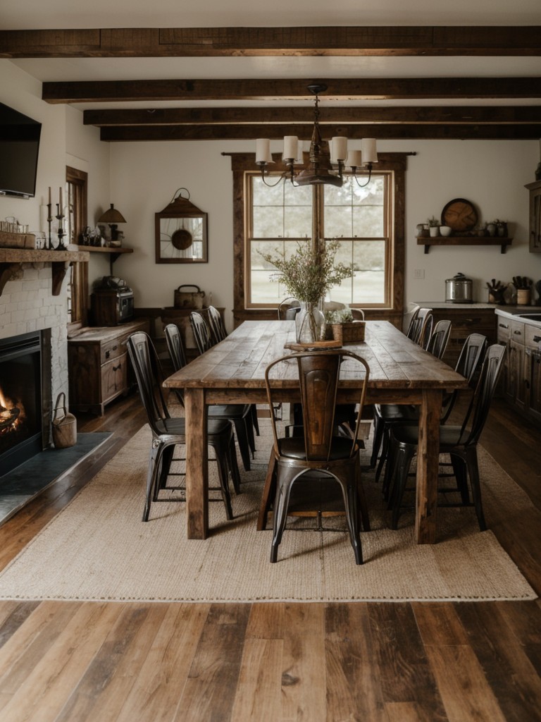 rustic-farmhouse-dining-room-ideas-distressed-wood-furniture-vintage-accessories-cozy-fireplace