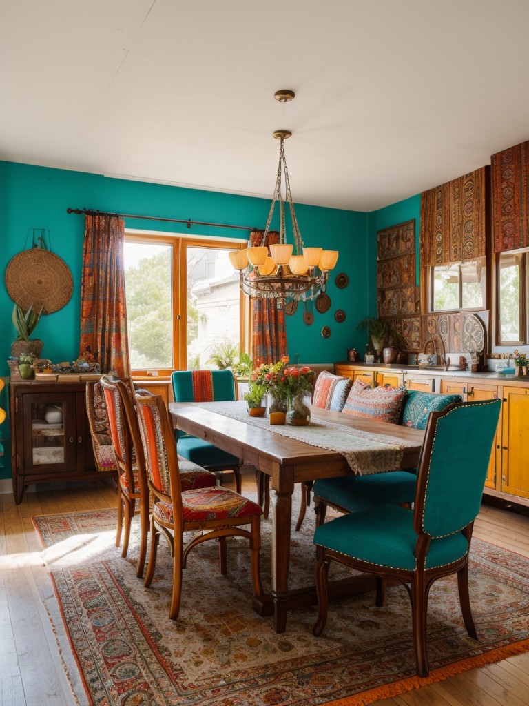 bohemian-inspired-dining-room-eclectic-patterns-vibrant-colors-mix-vintage-global-inspired-furniture