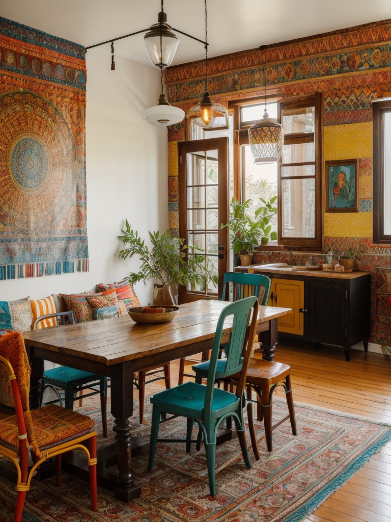 bohemian-inspired-dining-room-vibrant-colors-eclectic-patterns-mix-vintage-global-decor