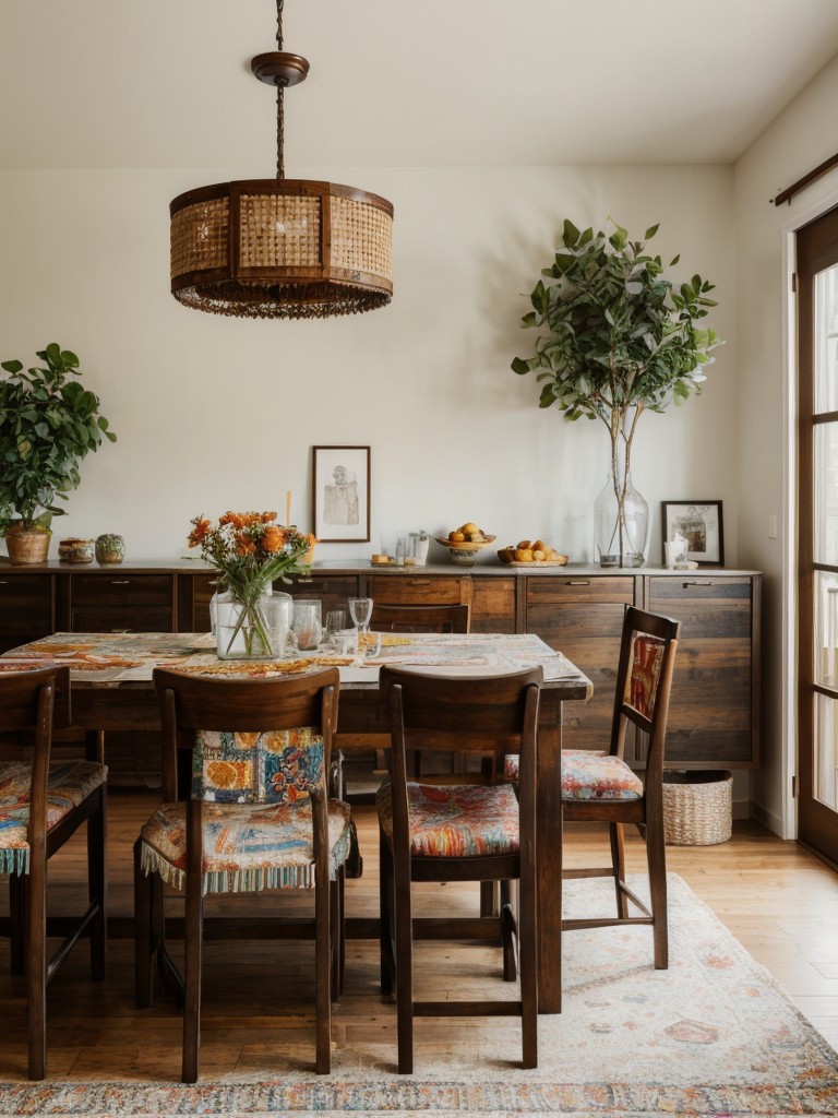 bohemian-inspired-dining-room-ideas-mix-textures-colorful-prints-relaxed-laid-back-atmosphere