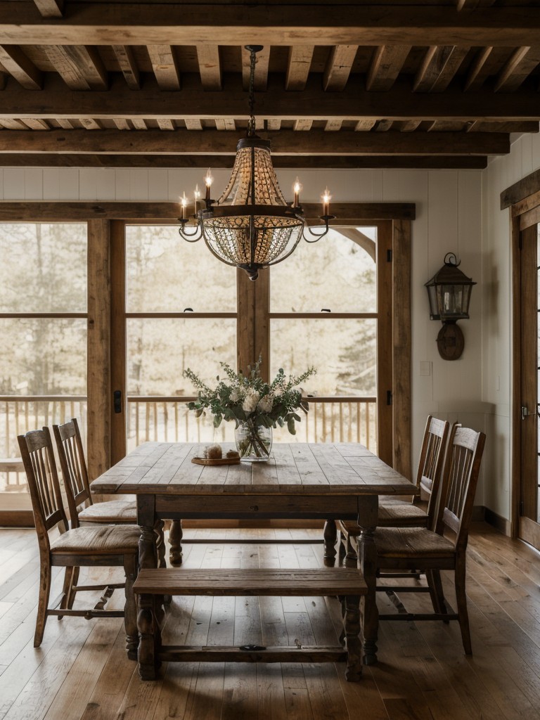 rustic-farmhouse-dining-room-ideas-distressed-wood-table-antique-chandelier-cozy-seating