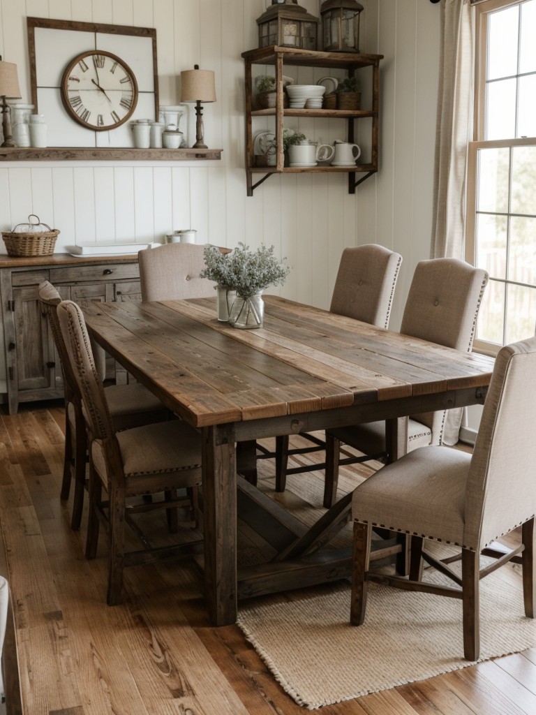 farmhouse-chic-dining-room-ideas-reclaimed-wood-table-comfortable-upholstered-chairs-rustic-farmhouse-decor-to-create-cozy-charming-atmosphere