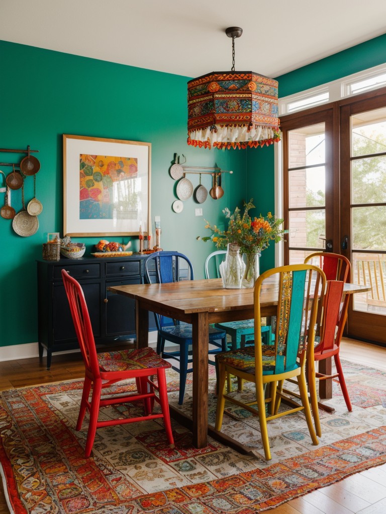 bohemian-dining-room-ideas-vibrant-eclectic-design-incorporating-bold-patterns-colorful-textiles-assortment-mismatched-chairs-gathered-around-wooden-t