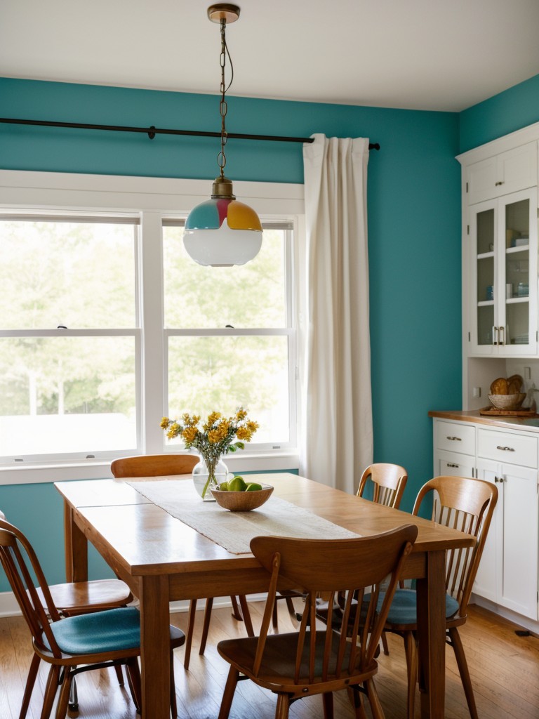 using-mismatched-chairs-colorful-table-linens-hanging-pendant-lights