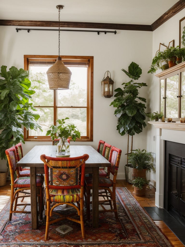 bohemian-dining-room-ideas-mix-cultures-vibrant-colors-mismatched-furniture-plenty-plants-textiles