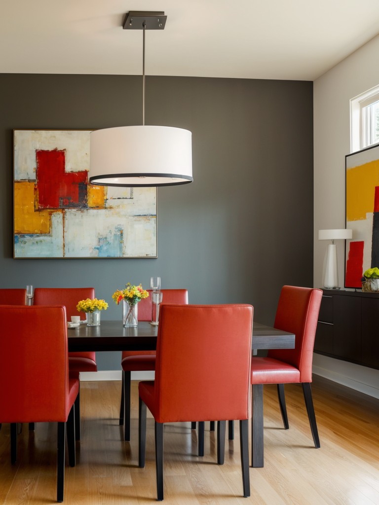 contemporary-dining-room-ideas-bold-pops-color-abstract-artwork-statement-light-fixtures