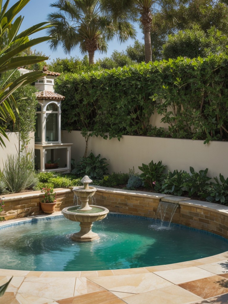 mediterranean-inspired-frontyard-design-ideas-featuring-colorful-tiles-lush-greenery-tranquil-fountain-touch-elegance-serenity