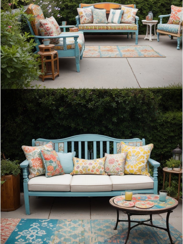 eclectic-frontyard-ideas-incorporating-mix-vintage-furniture-vibrant-patterns-quirky-art-pieces