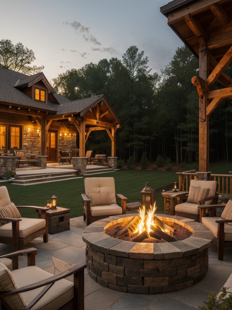 rustic-frontyard-design-natural-materials-cozy-fire-pit-lanterns-warm-inviting-atmosphere
