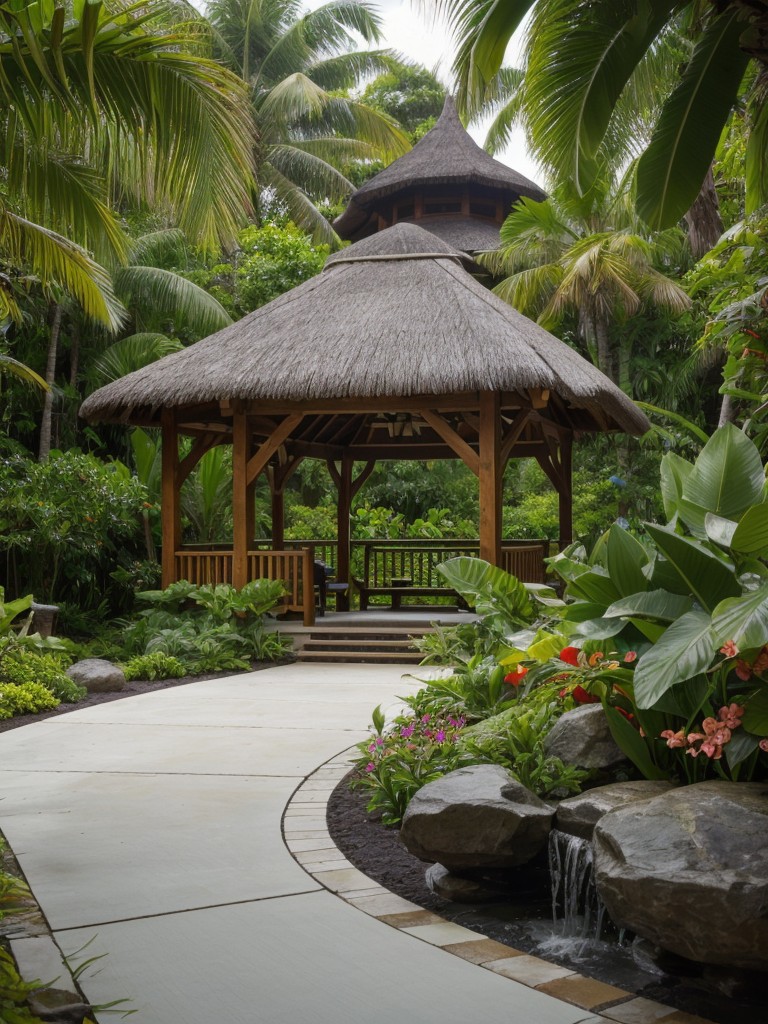 tropical-frontyard-design-vibrant-foliage-thatched-roof-gazebo-relaxing-waterfall-feature