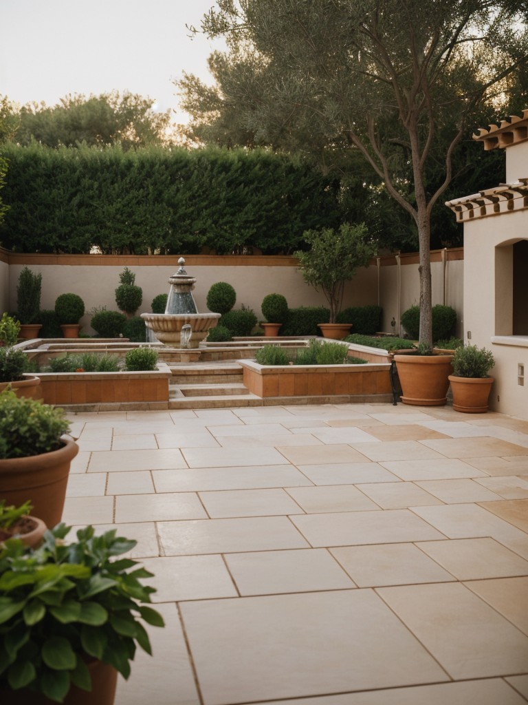 mediterranean-backyard-design-ideas-tiled-patio-fountain-terracotta-pots