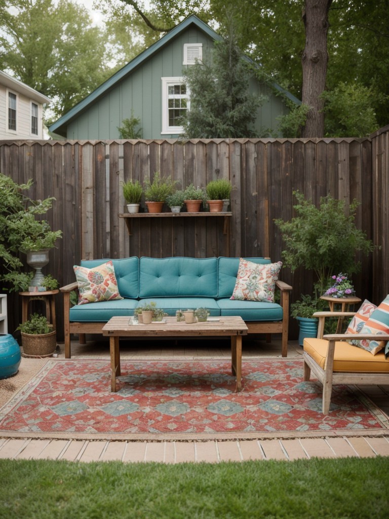 eclectic-backyard-decor-ideas-mix-vintage-furniture-funky-accessories-colorful-outdoor-rugs