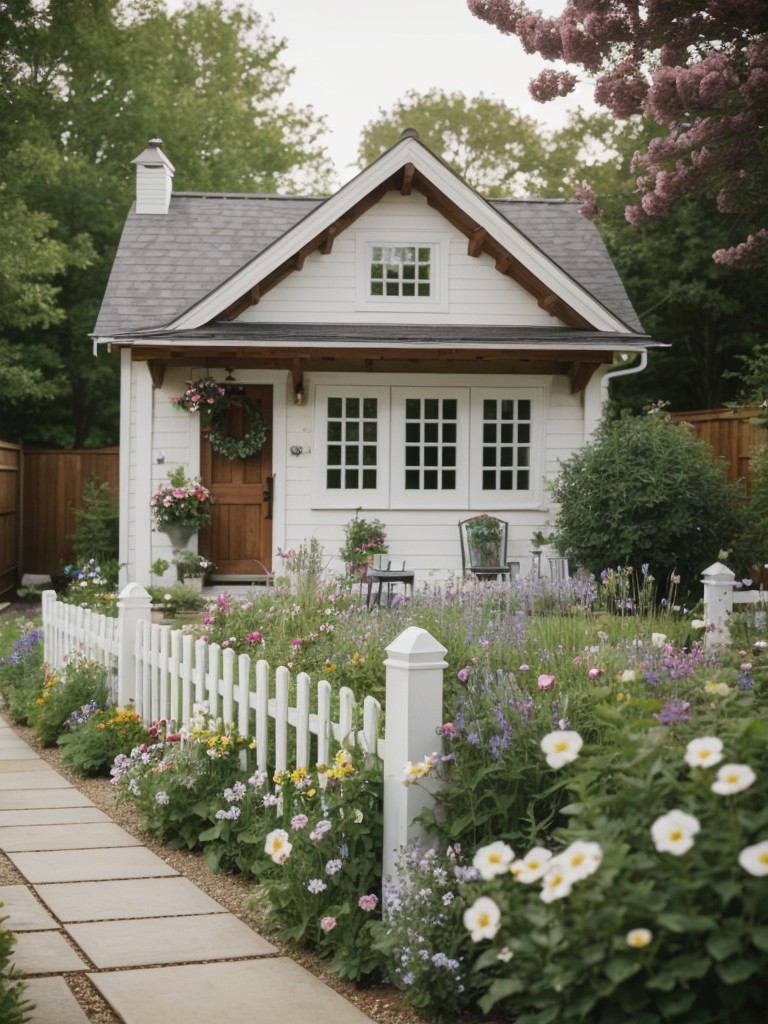 cottage-style-frontyard-ideas-quaint-cozy-feel-incorporating-picket-fence-blooming-flowers-cute-garden-shed