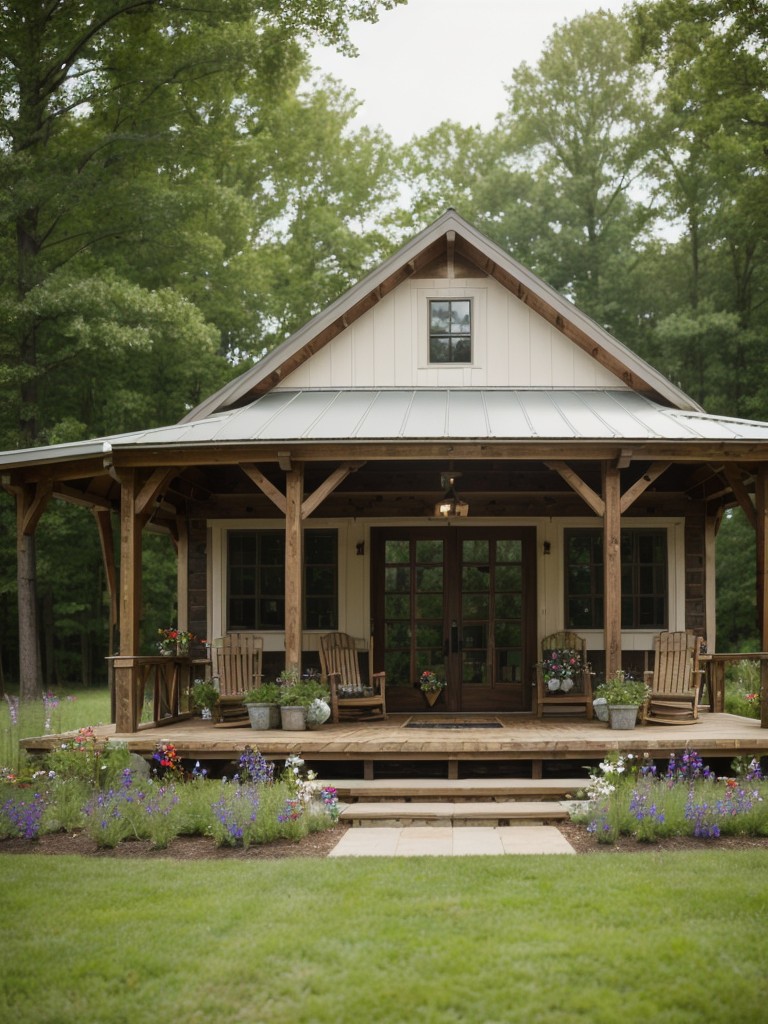 country-frontyard-ideas-rustic-welcoming-vibe-featuring-porch-swing-wooden-rocking-chairs-wildflower-gardens