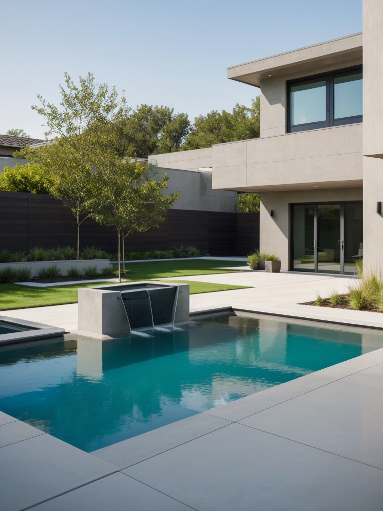 contemporary-frontyard-design-geometric-shapes-sleek-outdoor-furniture-water-feature