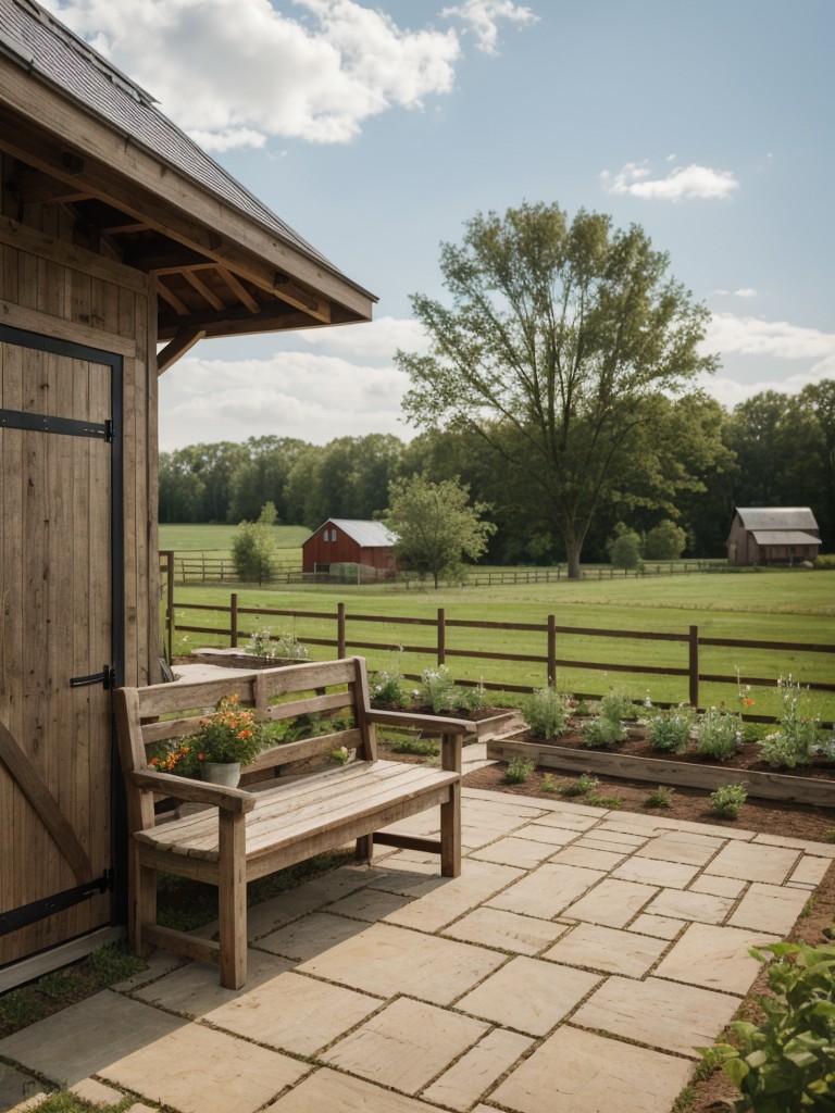 farmhouse-frontyard-design-vegetable-garden-rustic-wooden-bench-charming-wooden-shed