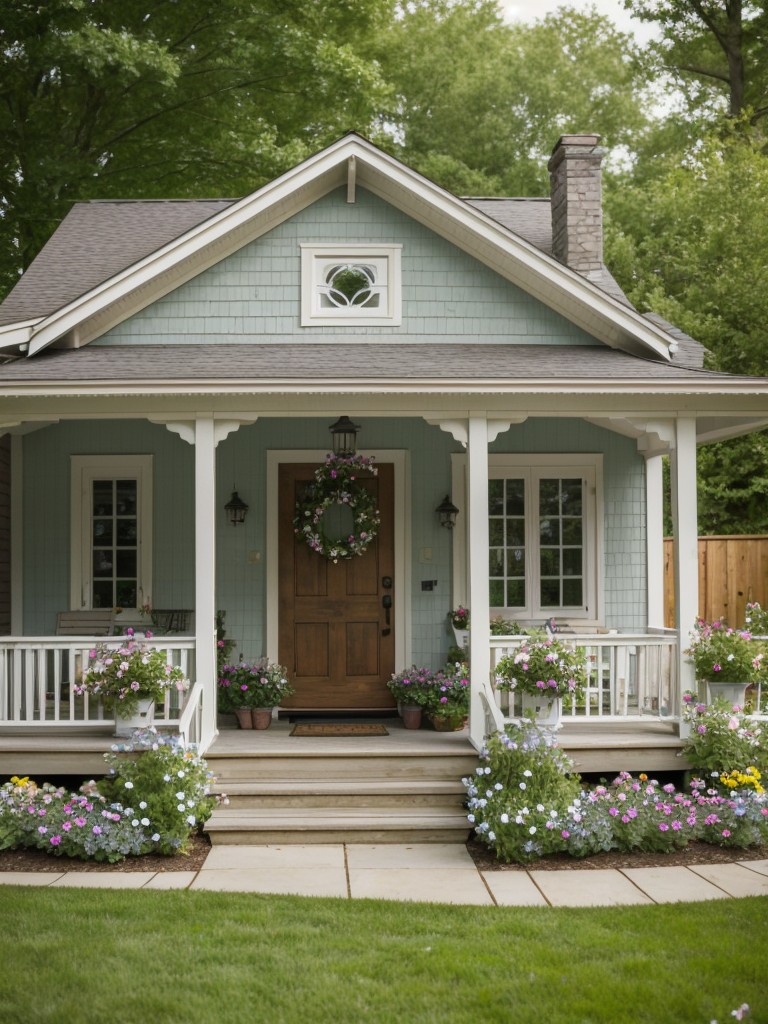 cottage-style-frontyard-design-picket-fence-hanging-flower-baskets-quaint-garden-bench