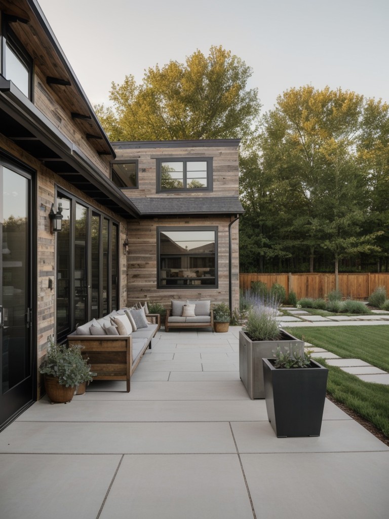 modern-farmhouse-frontyard-combination-rustic-elements-chic-outdoor-furniture-trendy-metal-planters