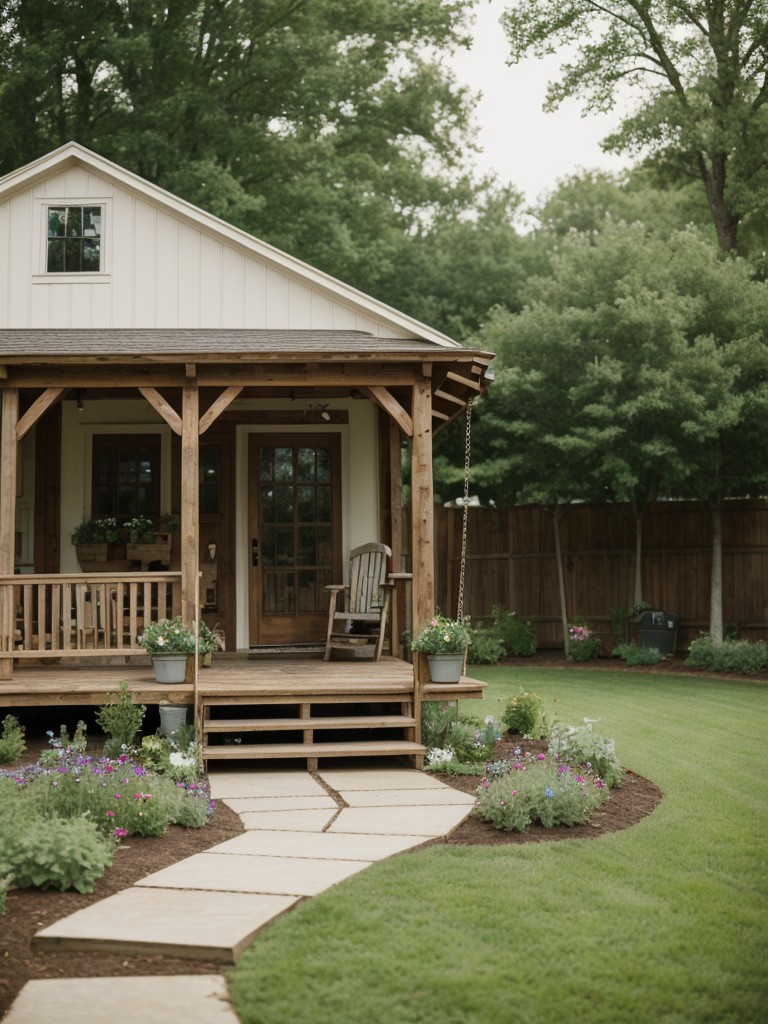 country-farmhouse-frontyard-ideas-porch-swing-rustic-wooden-sign-vegetable-garden