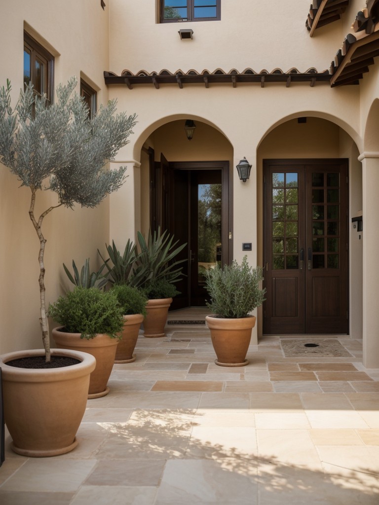 mediterranean-frontyard-ideas-clay-pots-olive-trees-welcoming-courtyard
