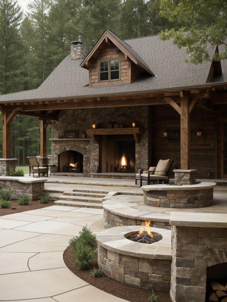 rustic-frontyard-ideas-natural-stone-accents-wooden-furniture-cozy-outdoor-fireplace