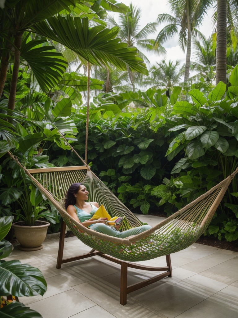 tropical-frontyard-ideas-lush-green-plants-vibrant-flowers-relaxing-hammock