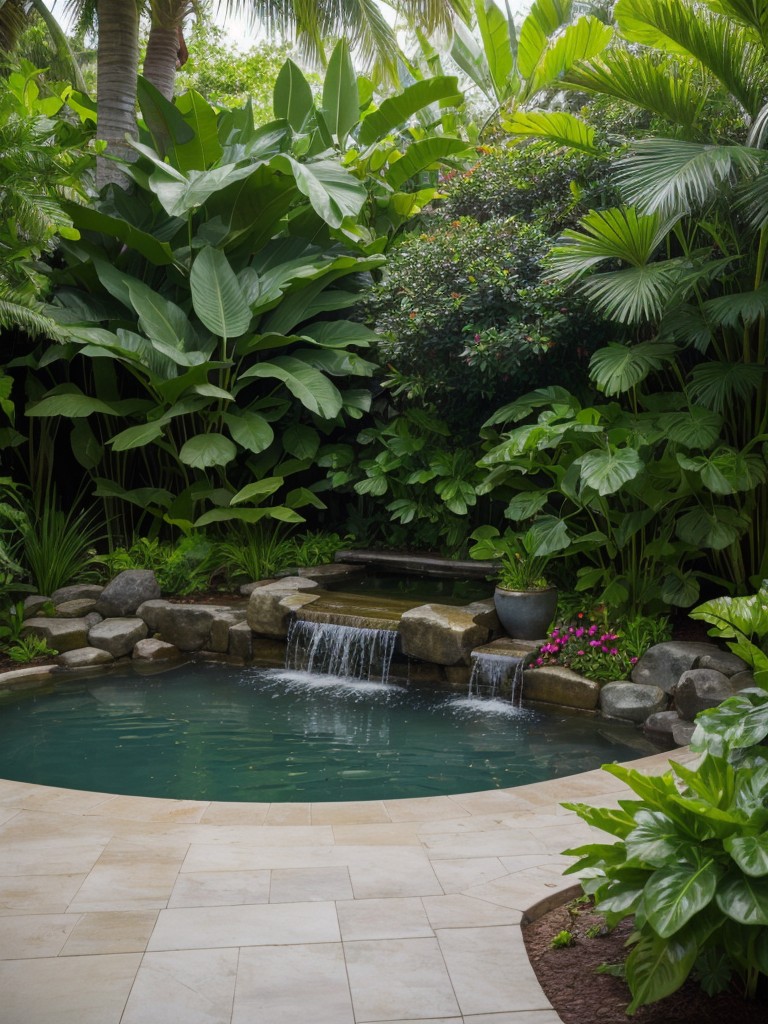 tropical-frontyard-oasis-lush-greenery-colorful-flowers-tranquil-water-feature-to-create-serene-retreat