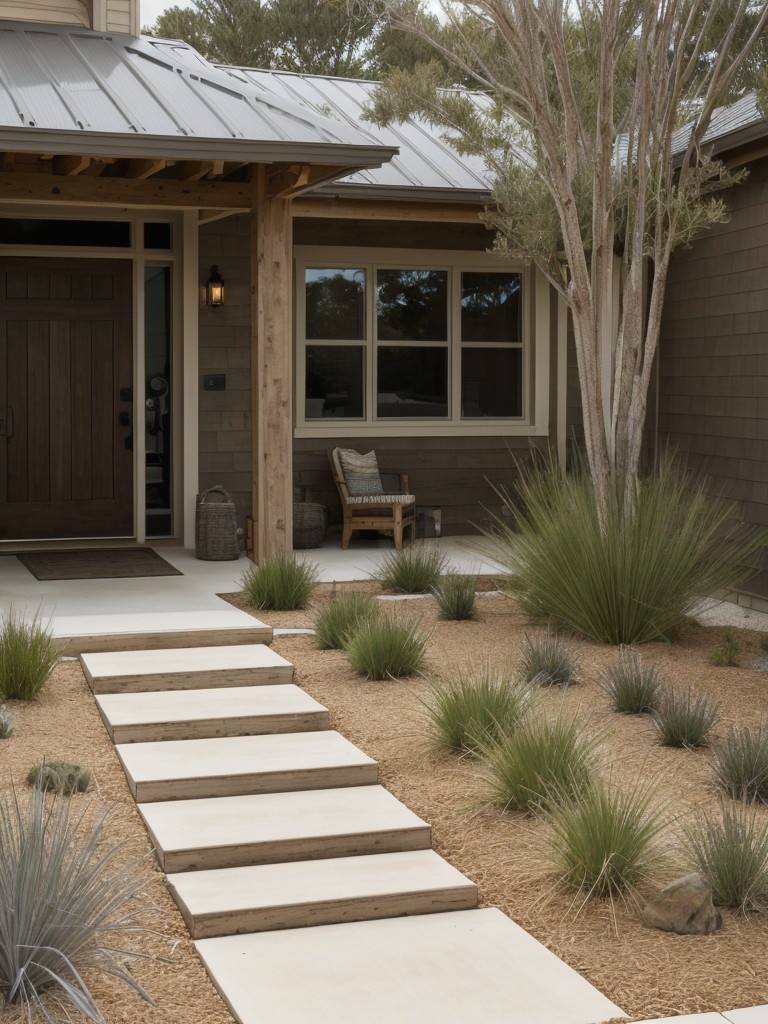 coastal-inspired-frontyard-design-driftwood-accents-native-grasses-sandy-pathway-leading-up-to-entrance