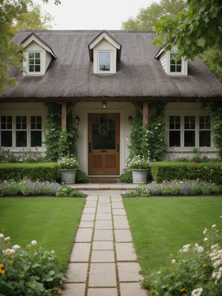 cottage-style-frontyard-whimsical-pathway-lined-flowers-cozy-sitting-area-climbing-vines-adorning-entrance