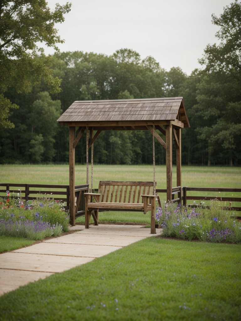 rustic-frontyard-country-feel-featuring-wooden-swing-bench-wildflower-garden-charming-wooden-gate