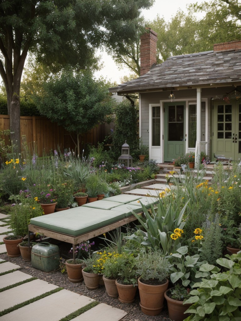 eclectic-frontyard-garden-design-combining-various-plants-vintage-decor-upcycled-materials