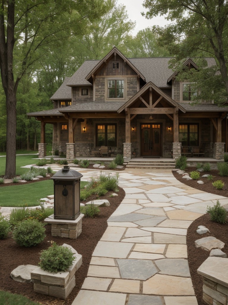 go-rustic-frontyard-look-natural-stone-pathways-weathered-wooden-accents-charming-vintage-style-mailbox